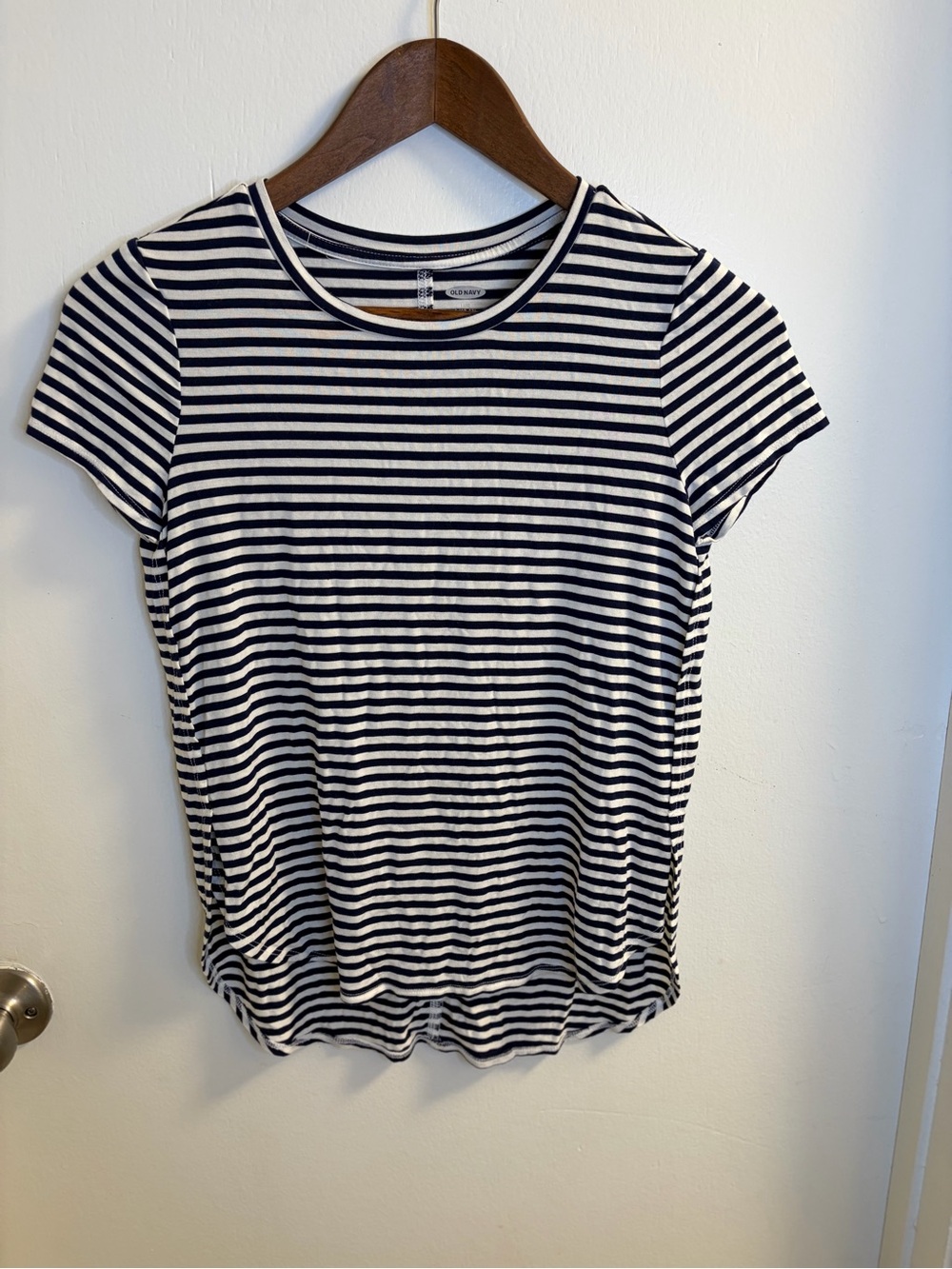Old Navy Luxe Girls L 10-12 Navy White Striped T-Shirt High Low Hem Stretch